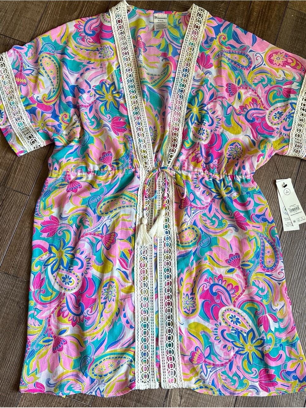 No Boundaries Pink, Teal & Yellow Paisley Crochet-Trim Vest
